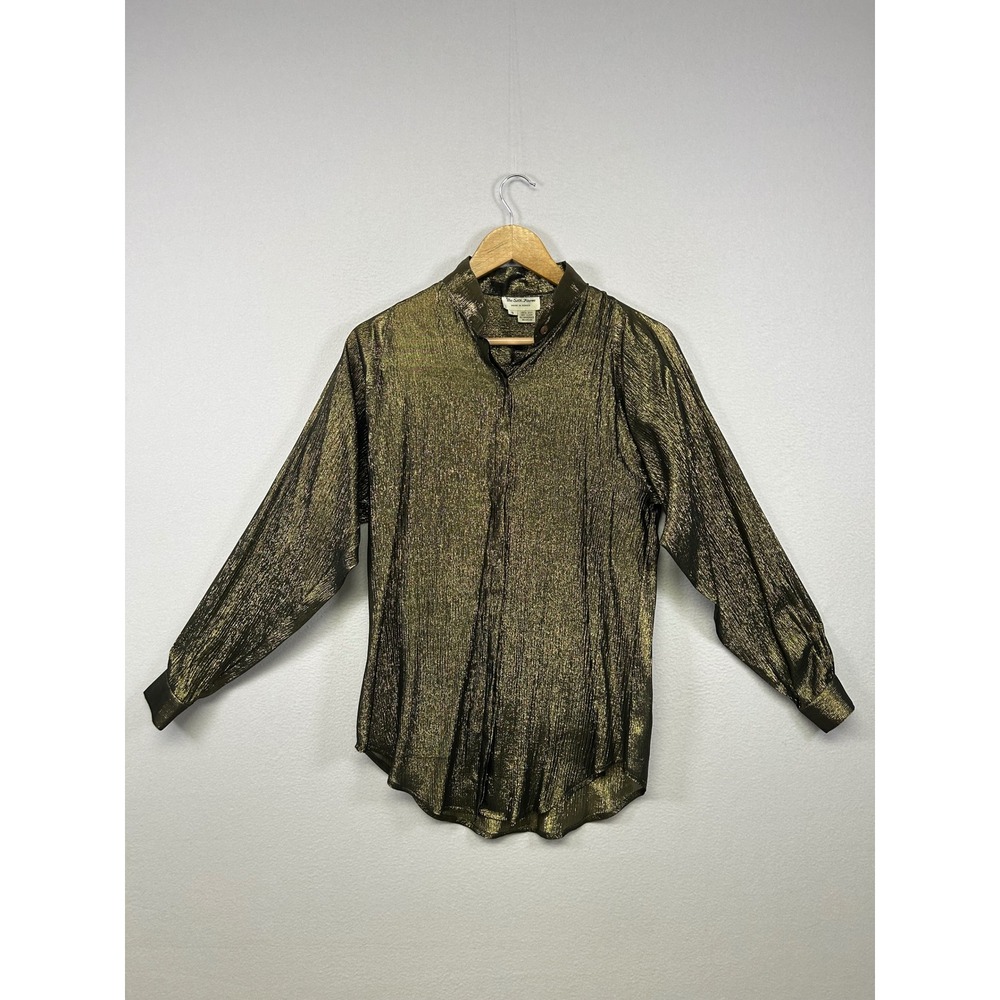 Vintage Disco The Silk Farm Womens 8 Gold Pleated Mandarin Collar Silk Blouse